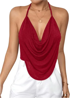 SOLY HUX Women's Cami Tops Cowl Neck Halter Backless Crop Top Draped Front Tops