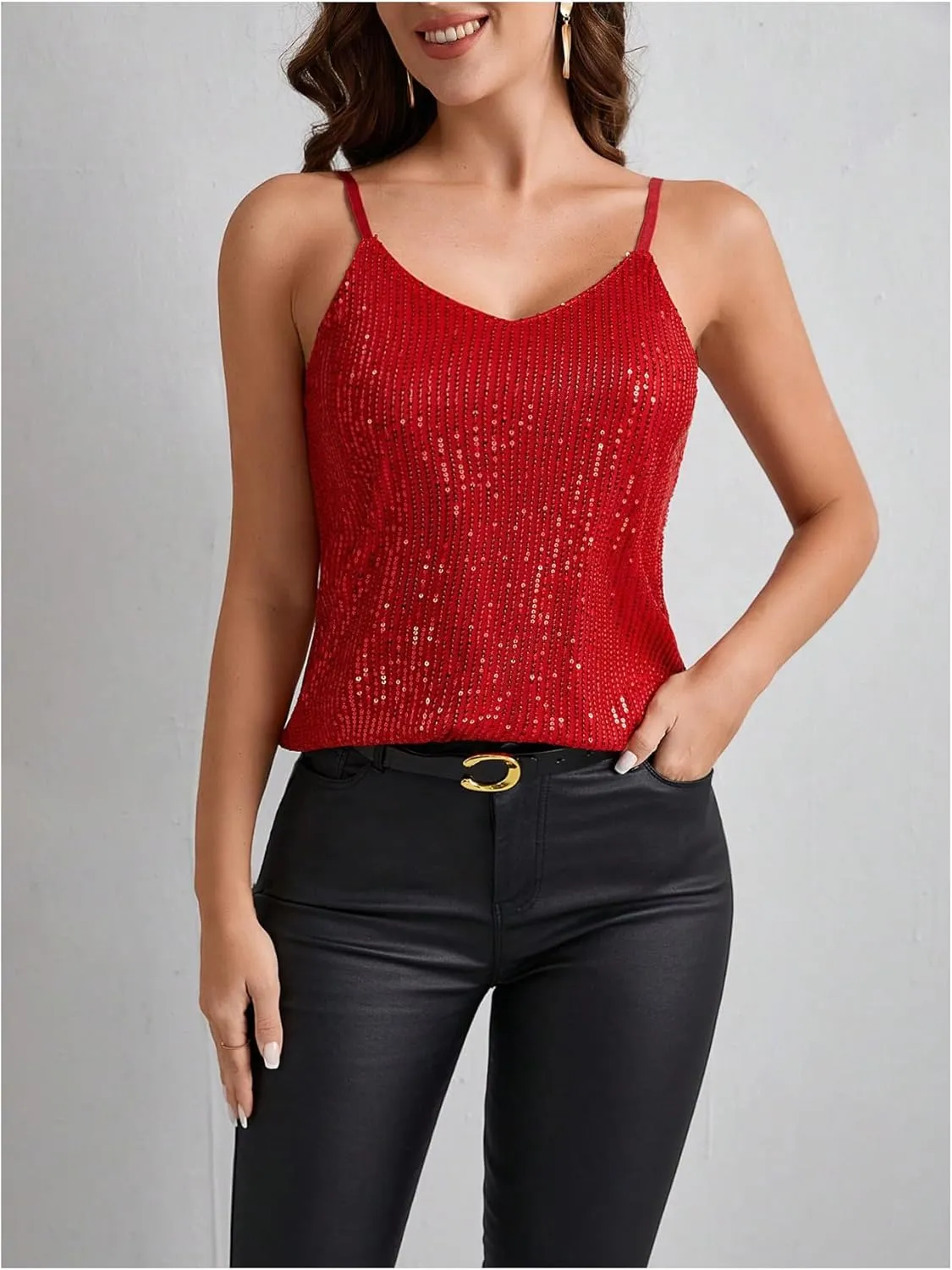 SOLY HUX Women's Sequin Sparkly Cami Tops V Neck Spaghetti Strap Party Camisole Tops