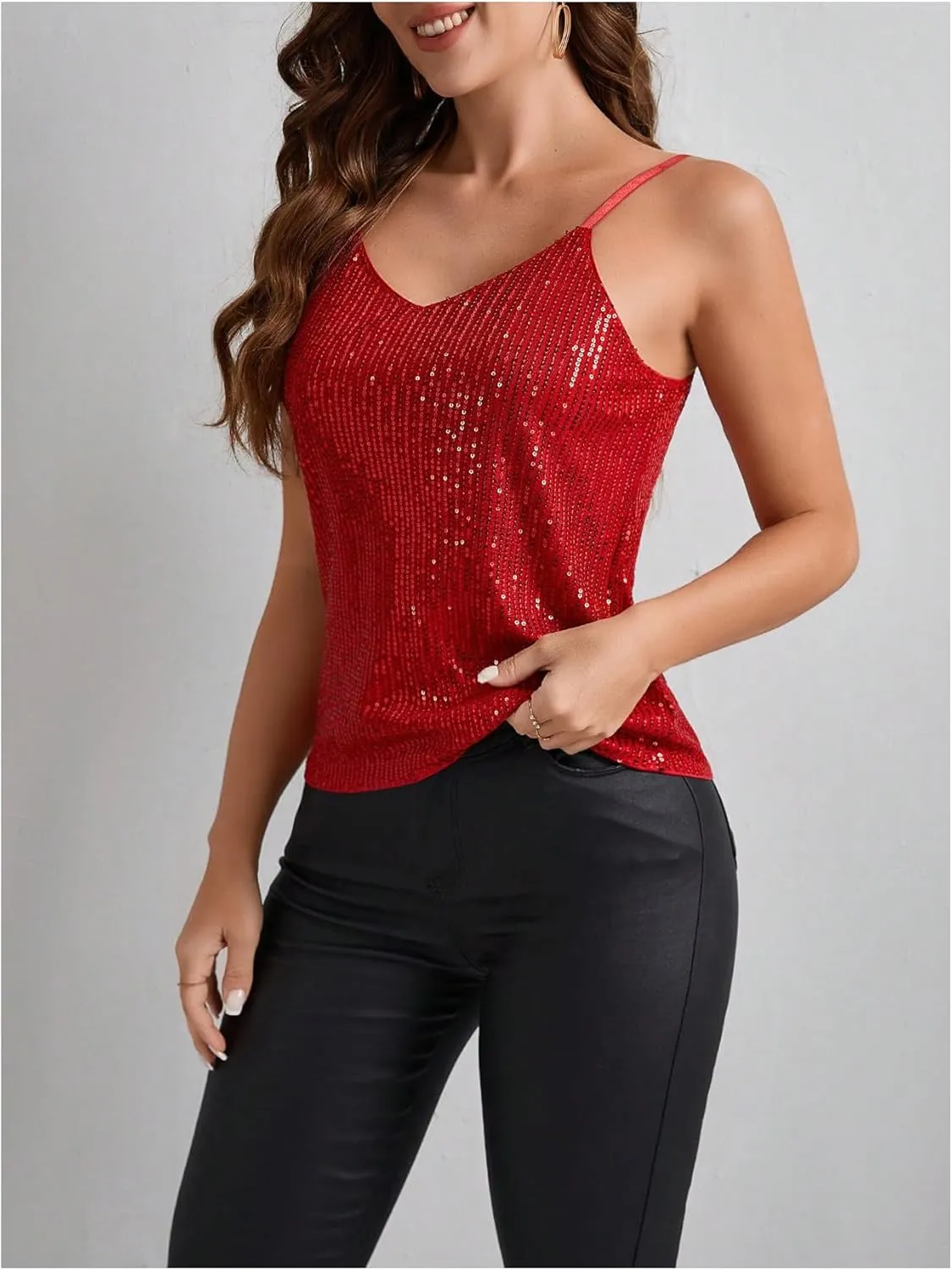 SOLY HUX Women's Sequin Sparkly Cami Tops V Neck Spaghetti Strap Party Camisole Tops