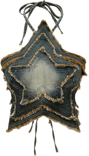 SOLY HUX Women's Star Halter Tops Tie Backless Y2k Distressed Denim Cami Crop Tops