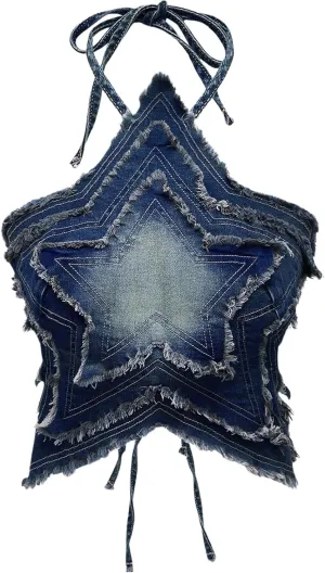 SOLY HUX Women's Star Halter Tops Tie Backless Y2k Distressed Denim Cami Crop Tops
