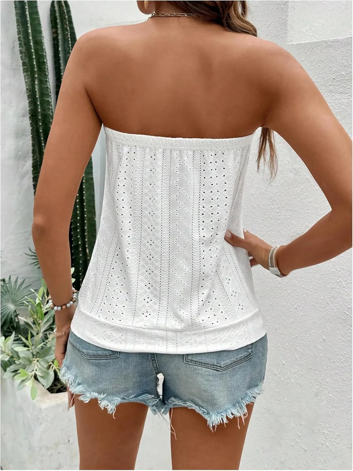 SOLY HUX Women's Strapless Bandeau Tank Top Casual Summer Sleeveless Eyelet Tube Tops