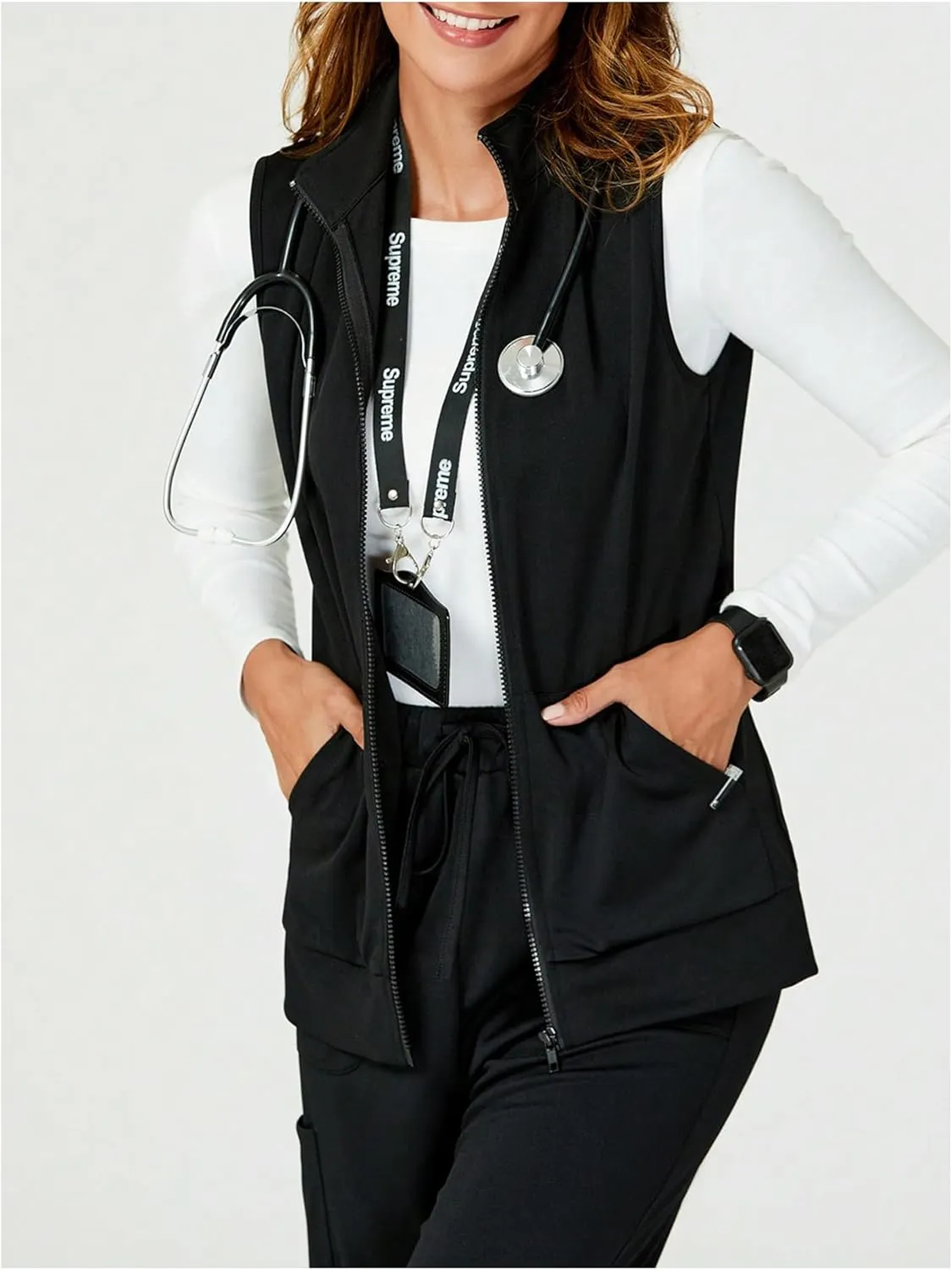 SOLY HUX Women's Zip Up Vest Sleeveless Collared Outerwear Scrubs Workwear with Pocket