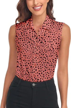 Soneven Womens Sleeveless Button Down Shirts Printed Golf Polo Shirts Business Casual Work Blouse Tops