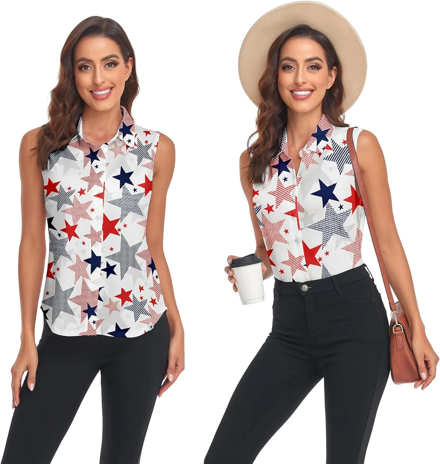 Soneven Womens Sleeveless Button Down Shirts Printed Golf Polo Shirts Business Casual Work Blouse Tops