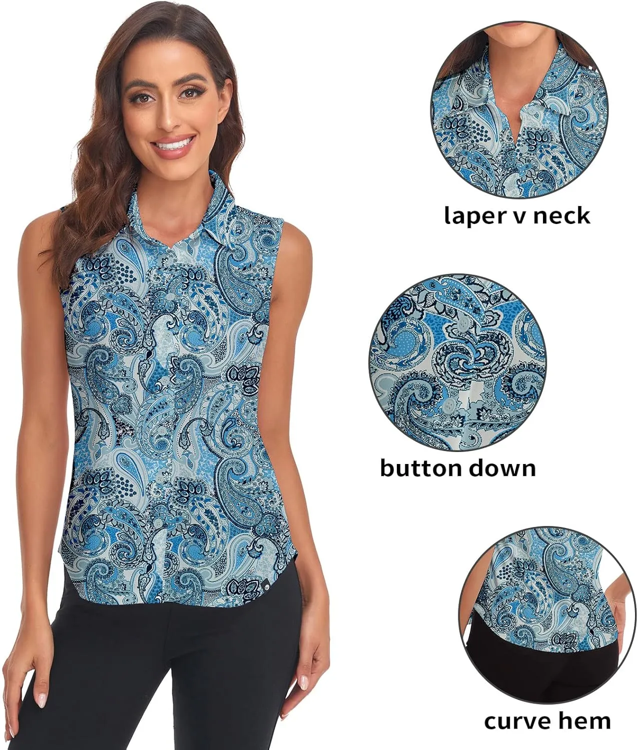 Soneven Womens Sleeveless Button Down Shirts Printed Golf Polo Shirts Business Casual Work Blouse Tops