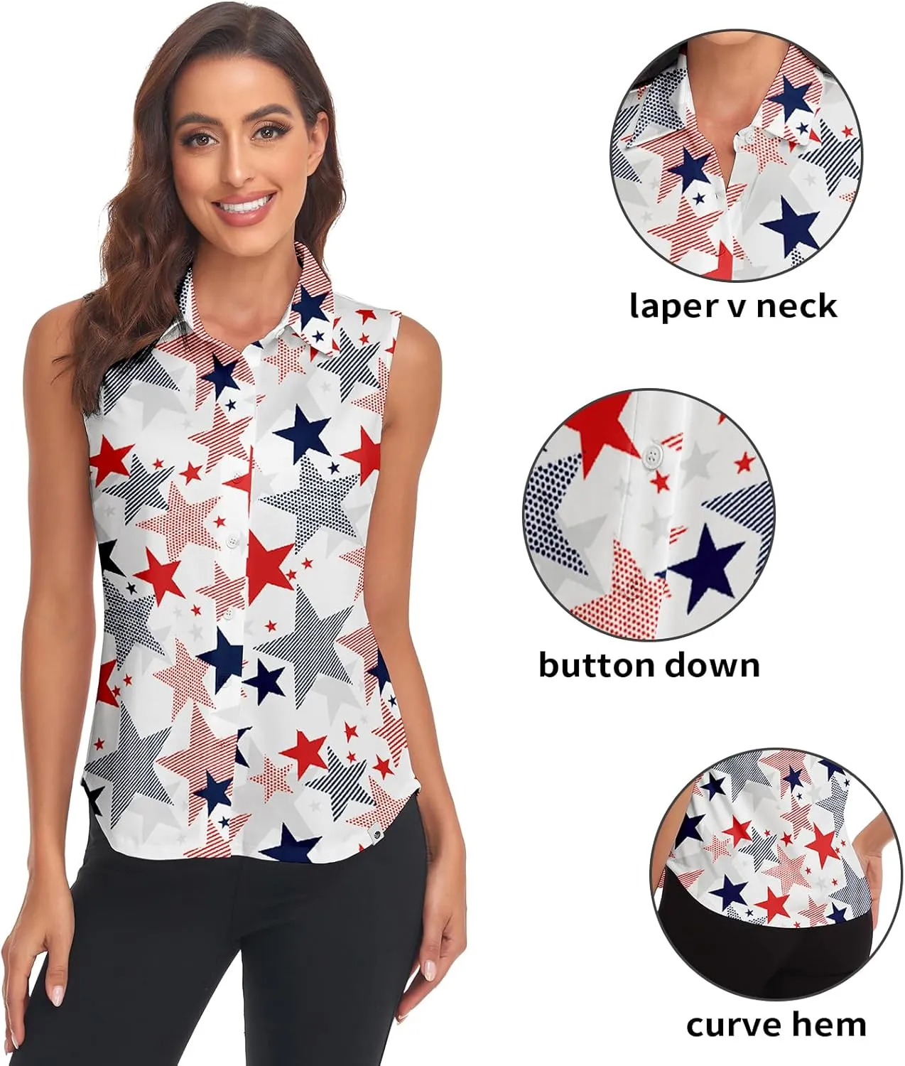 Soneven Womens Sleeveless Button Down Shirts Printed Golf Polo Shirts Business Casual Work Blouse Tops