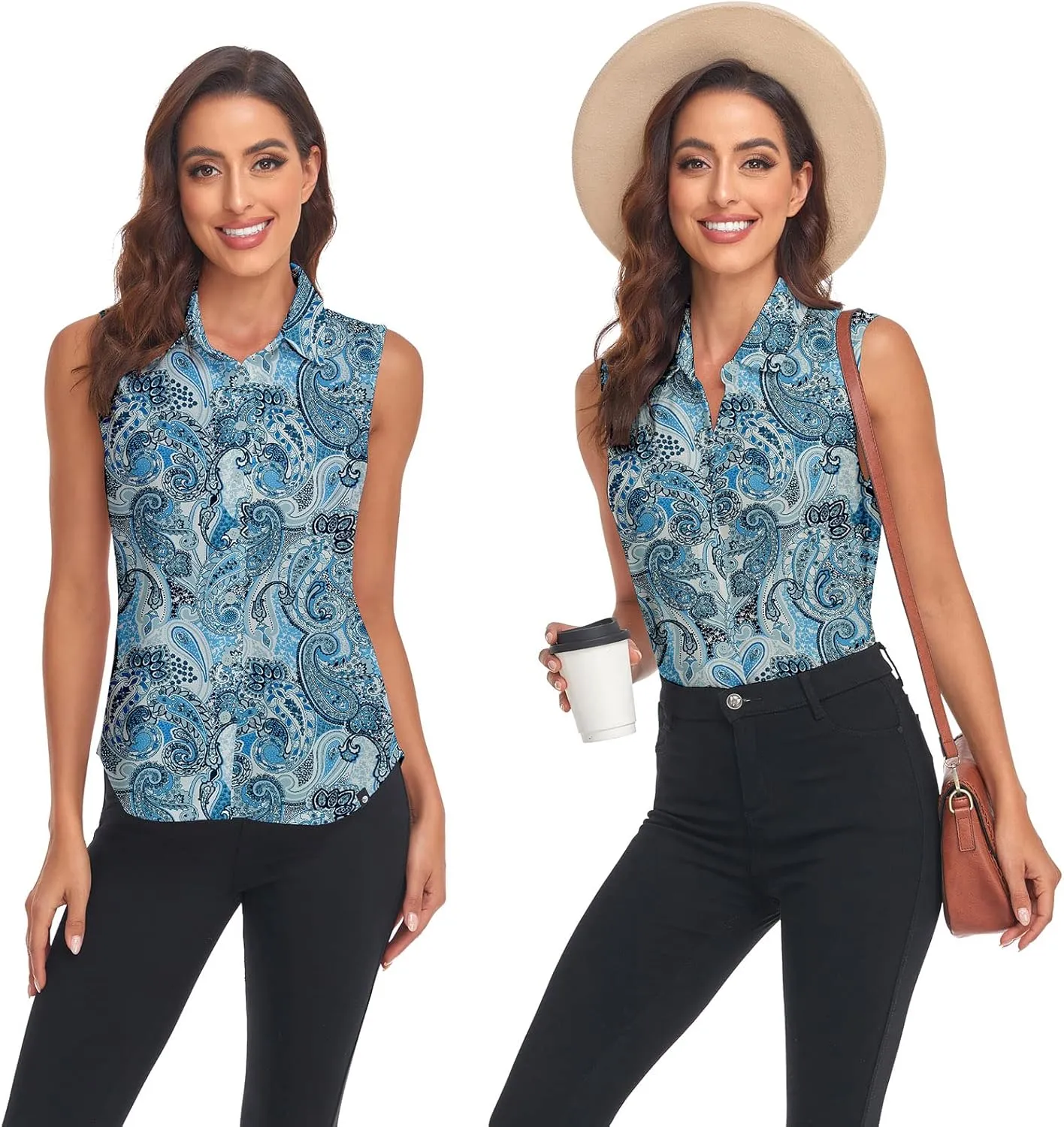 Soneven Womens Sleeveless Button Down Shirts Printed Golf Polo Shirts Business Casual Work Blouse Tops