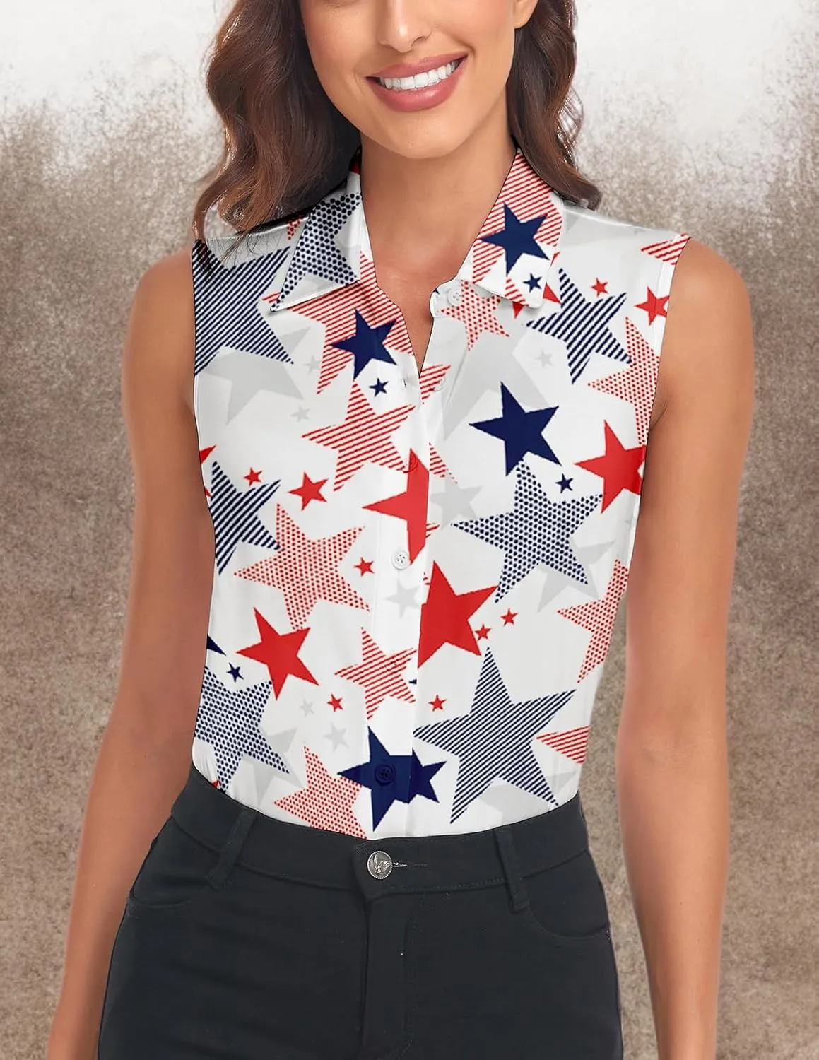 Soneven Womens Sleeveless Button Down Shirts Printed Golf Polo Shirts Business Casual Work Blouse Tops
