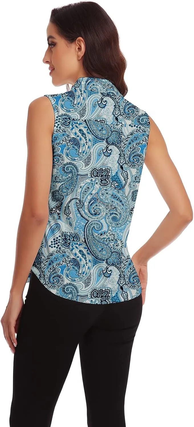 Soneven Womens Sleeveless Button Down Shirts Printed Golf Polo Shirts Business Casual Work Blouse Tops