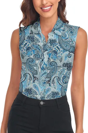 Soneven Womens Sleeveless Button Down Shirts Printed Golf Polo Shirts Business Casual Work Blouse Tops