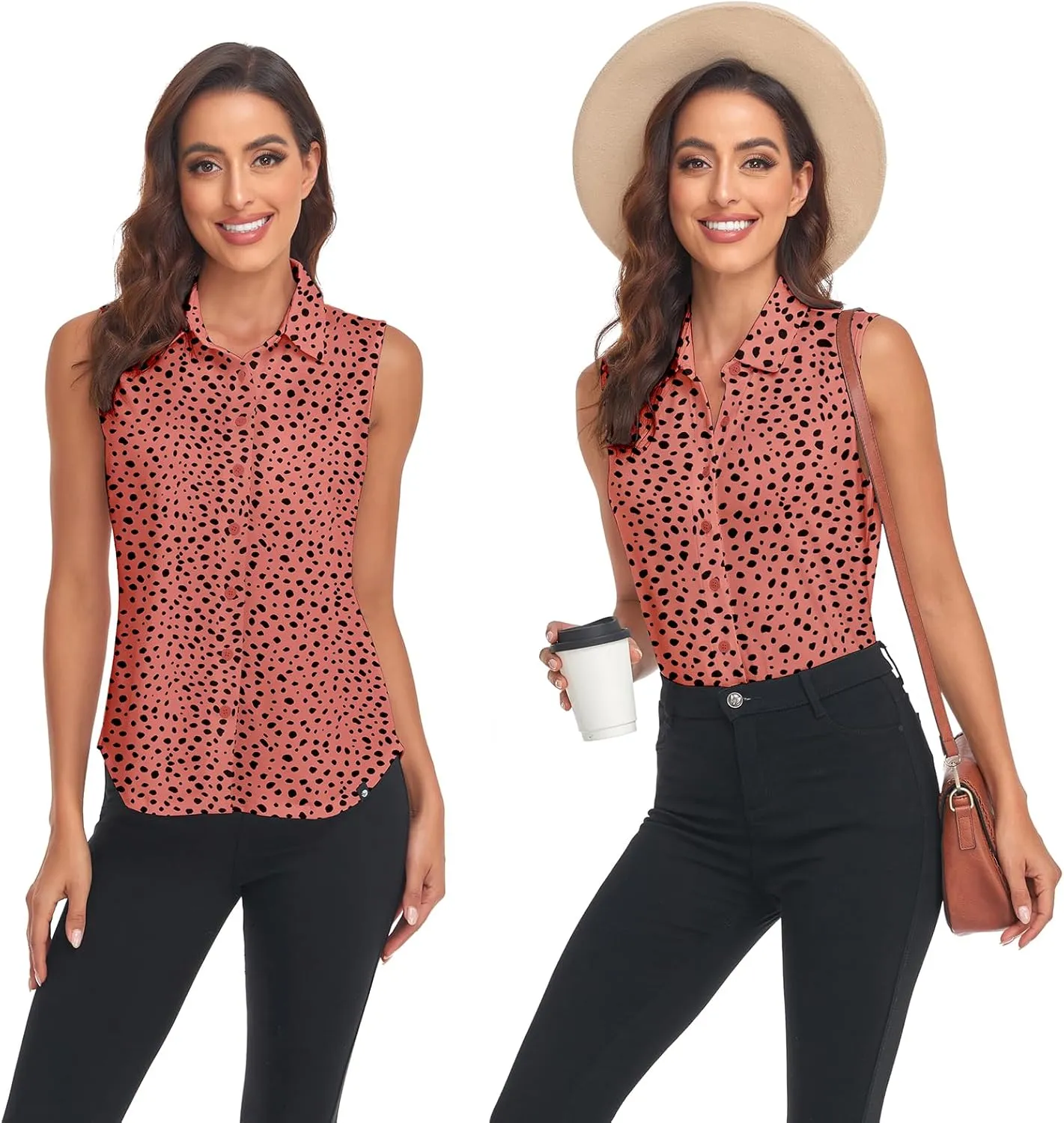 Soneven Womens Sleeveless Button Down Shirts Printed Golf Polo Shirts Business Casual Work Blouse Tops