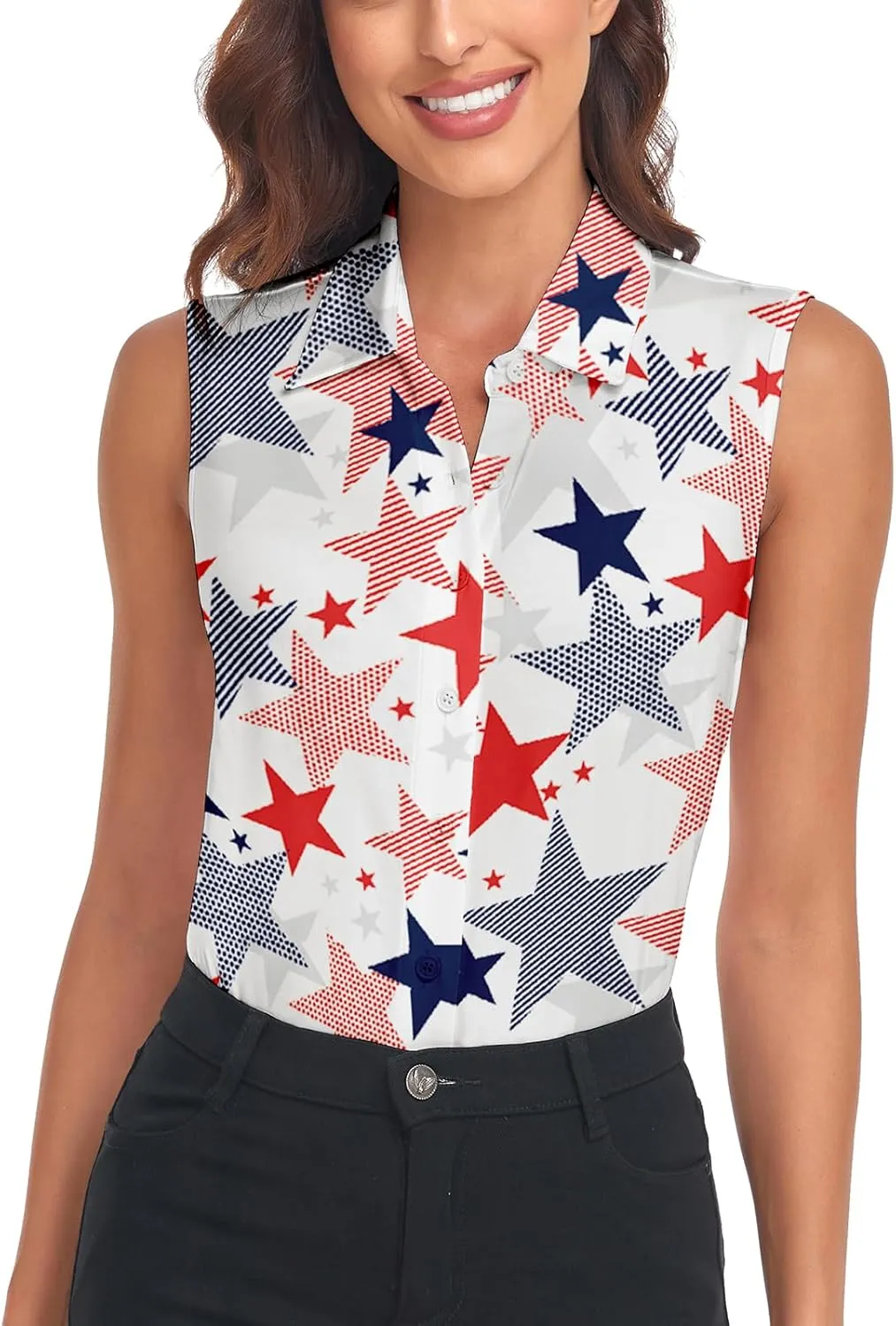 Soneven Womens Sleeveless Button Down Shirts Printed Golf Polo Shirts Business Casual Work Blouse Tops