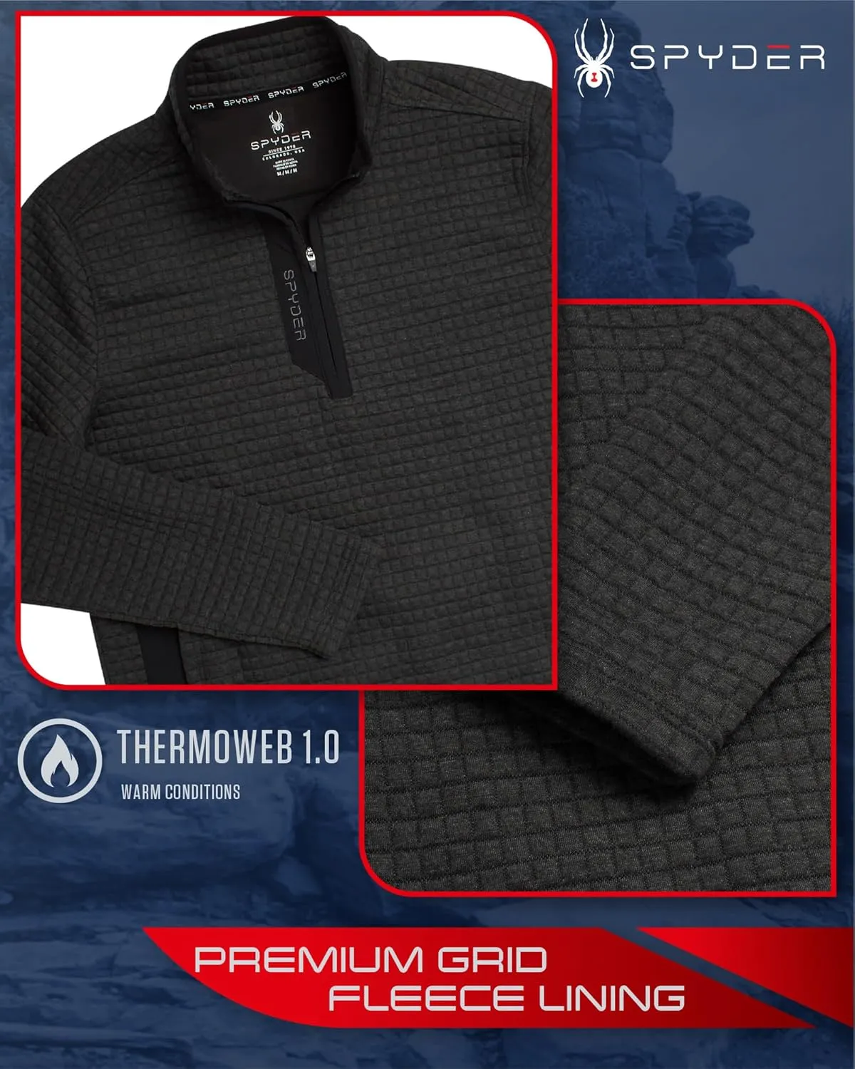 Spyder Mens Quarter Zip Pullover Sweatshirt - Grid Fleece Sweater Workout Shirts for Men - Quarter Zip Pullover Men Apparel