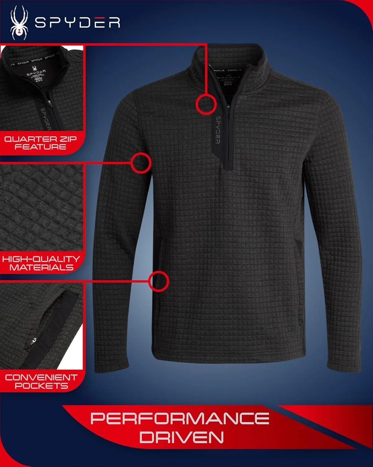 Spyder Mens Quarter Zip Pullover Sweatshirt - Grid Fleece Sweater Workout Shirts for Men - Quarter Zip Pullover Men Apparel