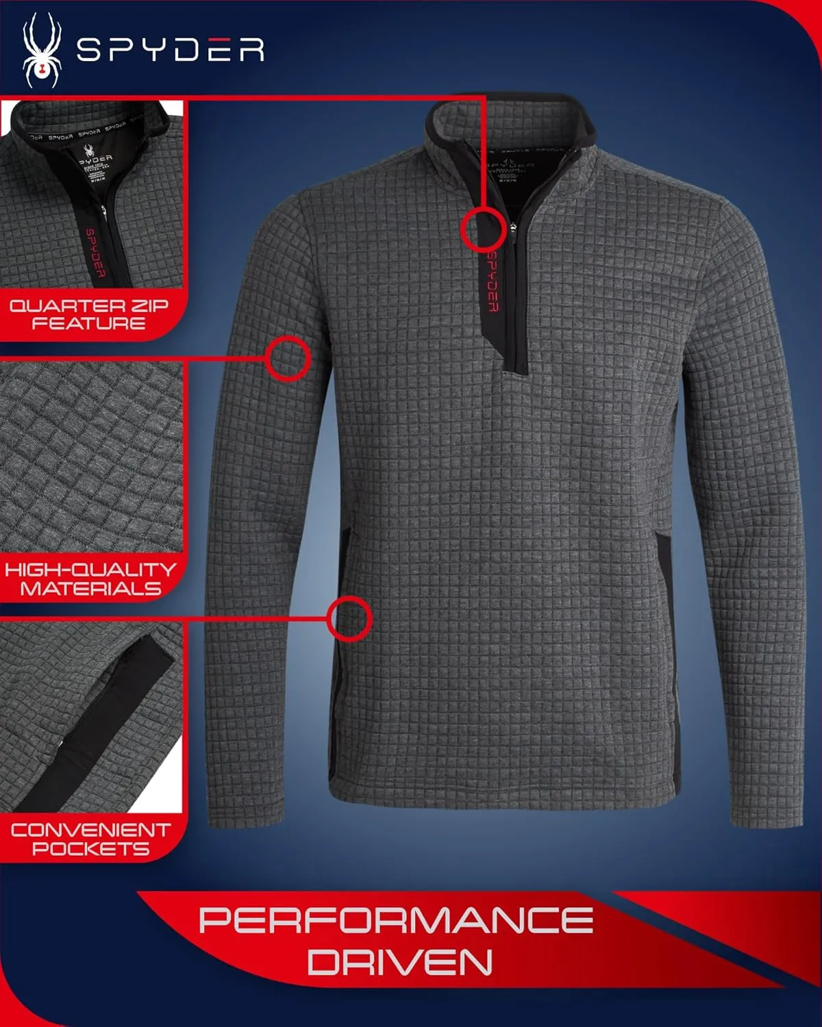 Spyder Mens Quarter Zip Pullover Sweatshirt - Grid Fleece Sweater Workout Shirts for Men - Quarter Zip Pullover Men Apparel