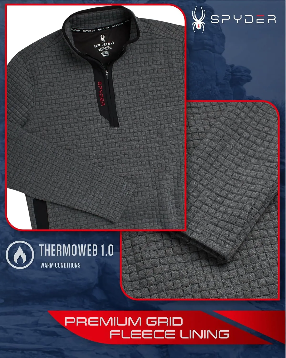 Spyder Mens Quarter Zip Pullover Sweatshirt - Grid Fleece Sweater Workout Shirts for Men - Quarter Zip Pullover Men Apparel