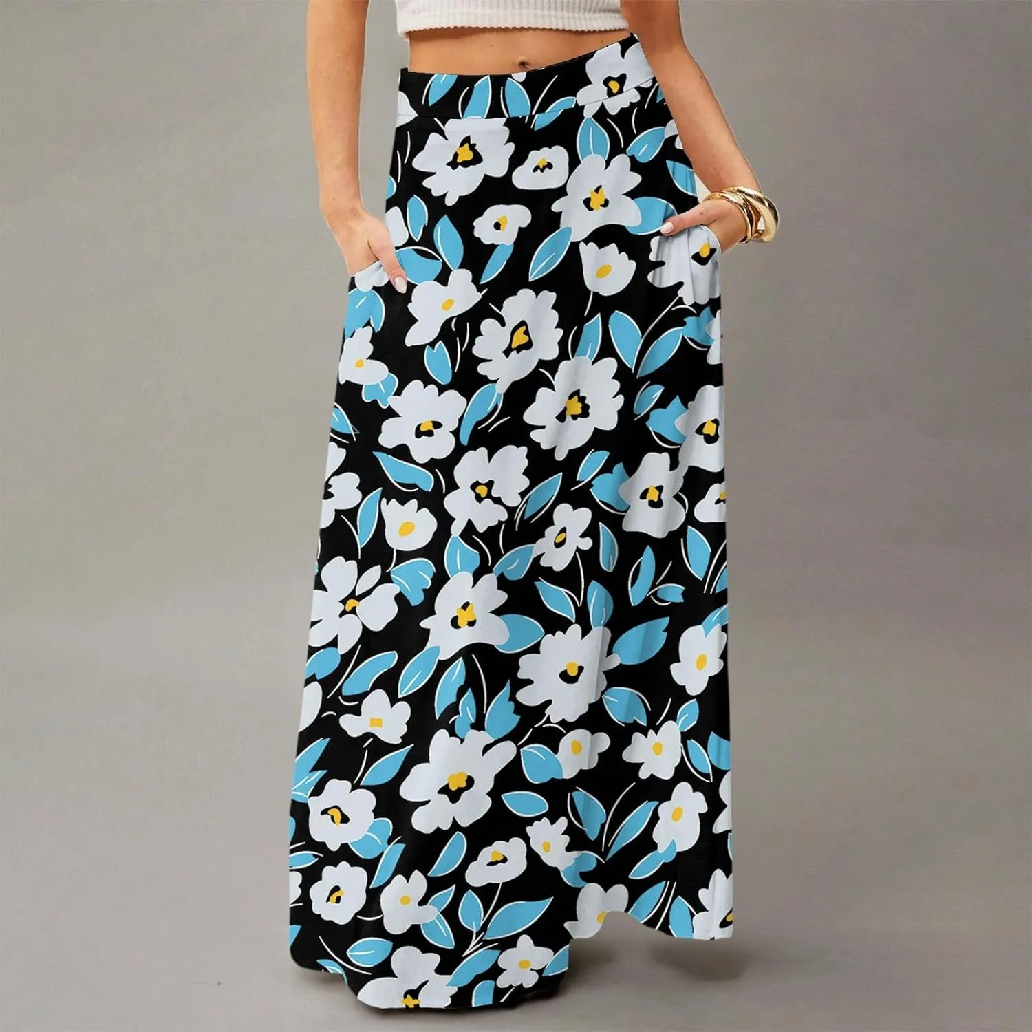 Summer Boho Floral Long Skirts for Women 2025 Casual Trendy A-Line Elastic High Waist Maxi Flowy Skirt with Pocket