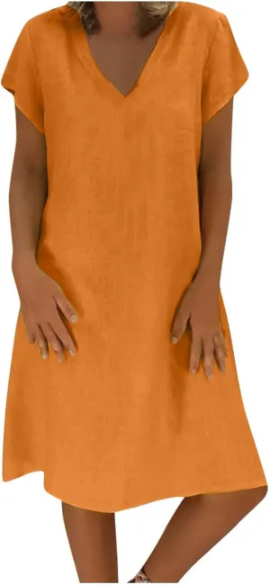 Summer Casual Linen Dress for Women V Neck Short Sleeve Tshirt Dress Vintage Boho Loose Midi Sundress Plus Size