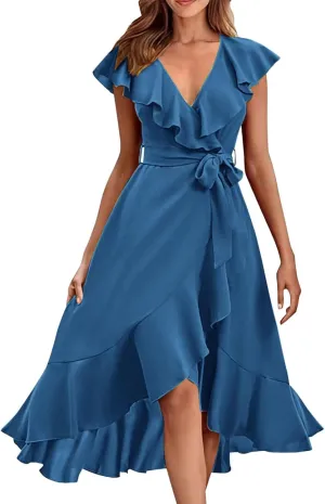 Summer Dresses for Women 2024 Wrap V Neck Short Sleeve Belted Ruffle Hem A-Line Flowy Maxi Dresses Vacation Outfits