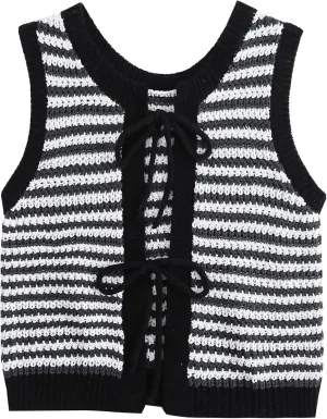 Sweater Vest Women Casual Sleeveless Crochet Tops Color Block Tie Back Knit Tank Tops