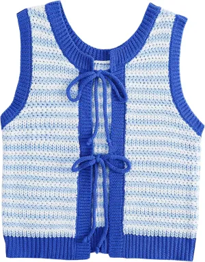 Sweater Vest Women Casual Sleeveless Crochet Tops Color Block Tie Back Knit Tank Tops
