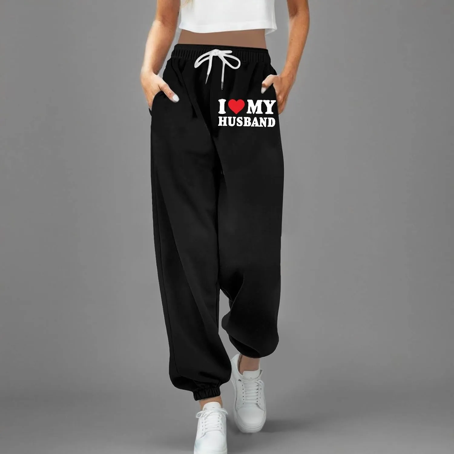 Sweatpants for Tall Women I Love My Husband Letter Print Drawstring Lounge Jogger Pants High Waist Baggy Trousers with Pocket