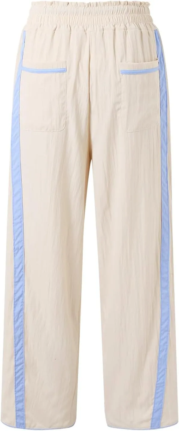 Sweatpants Women Stripe Plus Size Drawstring High Waist Casual Palazzo Pants Straight Wide Leg Trousers with Pocket