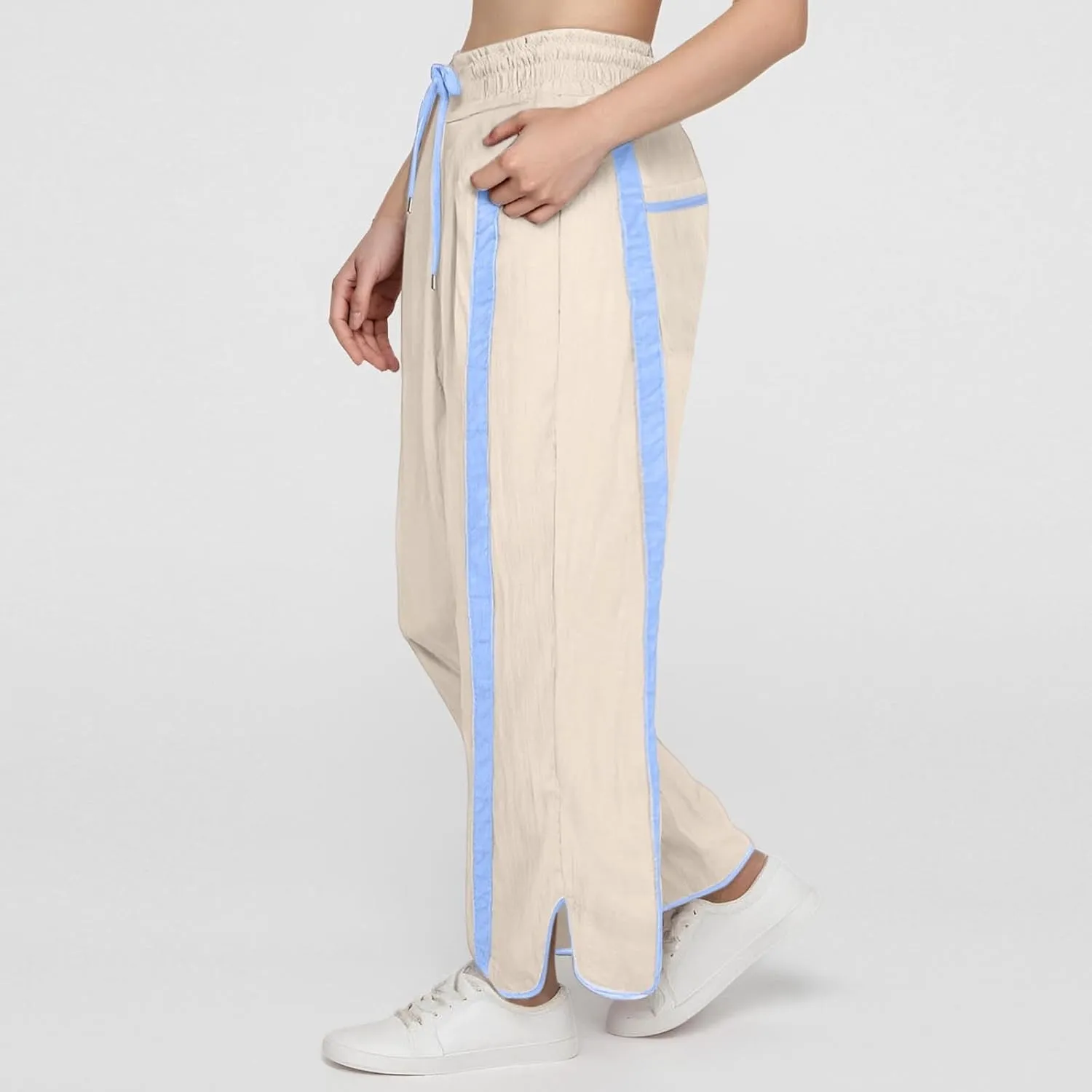Sweatpants Women Stripe Plus Size Drawstring High Waist Casual Palazzo Pants Straight Wide Leg Trousers with Pocket