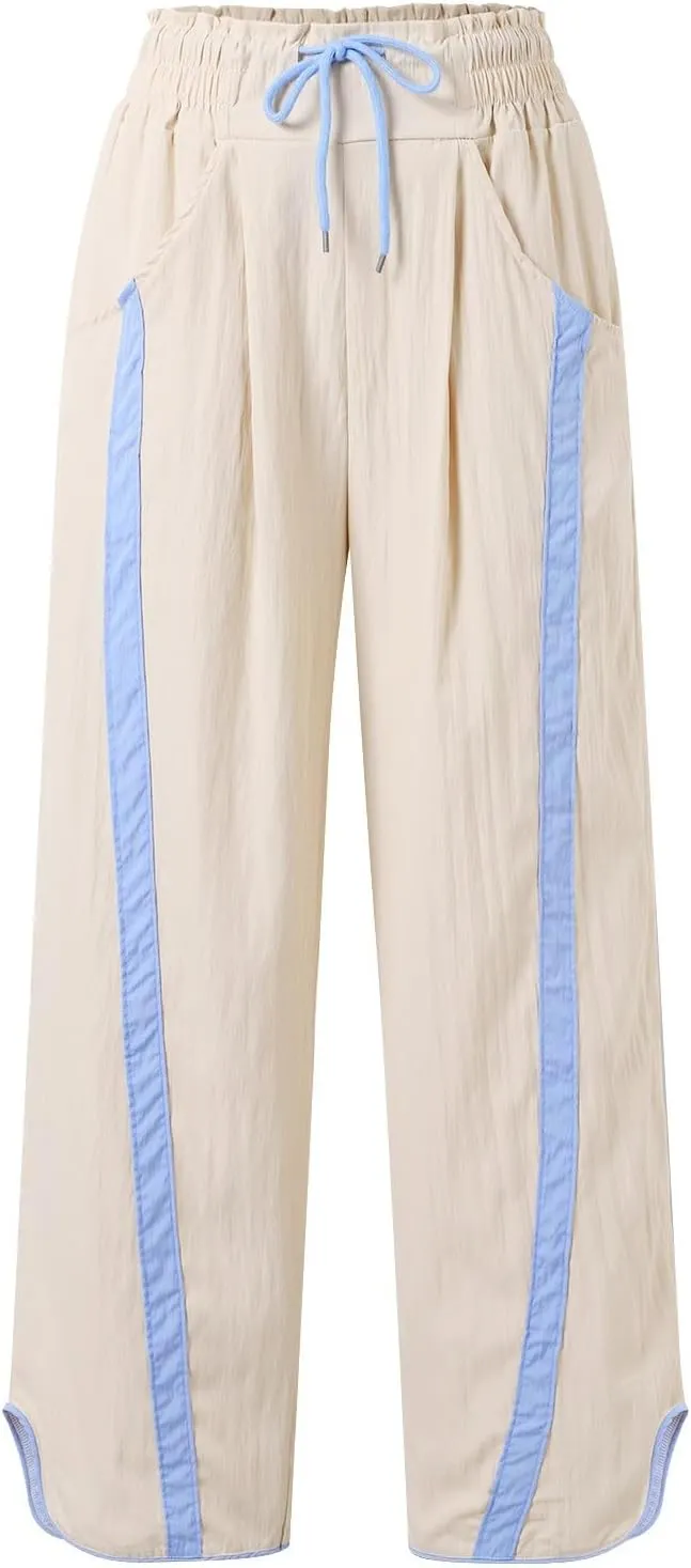 Sweatpants Women Stripe Plus Size Drawstring High Waist Casual Palazzo Pants Straight Wide Leg Trousers with Pocket