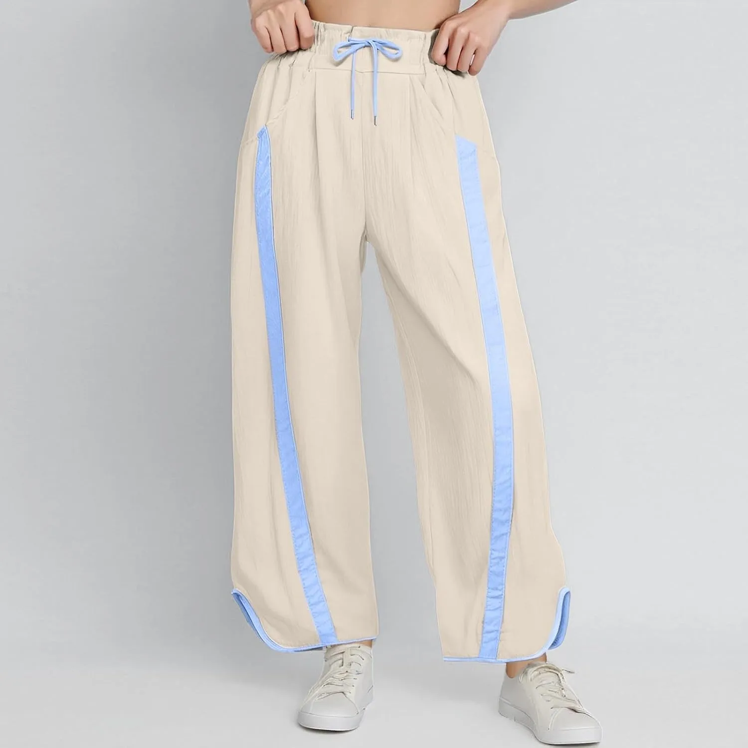 Sweatpants Women Stripe Plus Size Drawstring High Waist Casual Palazzo Pants Straight Wide Leg Trousers with Pocket