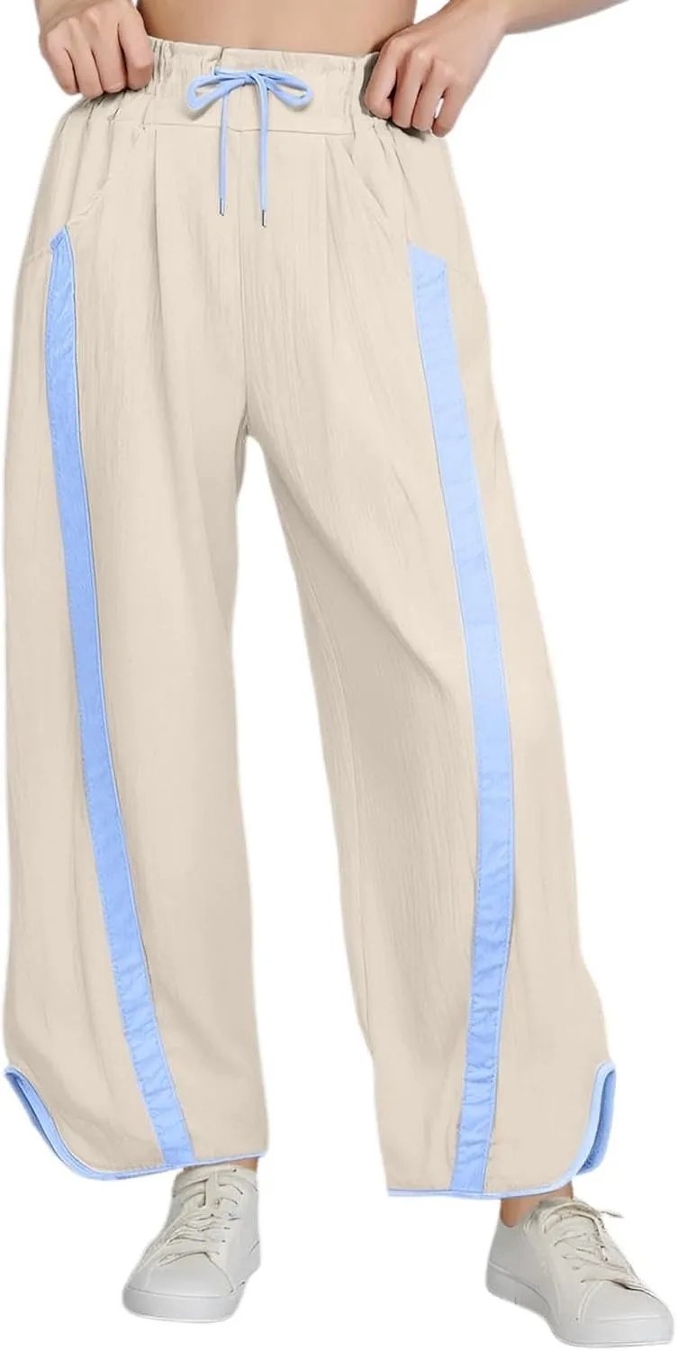 Sweatpants Women Stripe Plus Size Drawstring High Waist Casual Palazzo Pants Straight Wide Leg Trousers with Pocket
