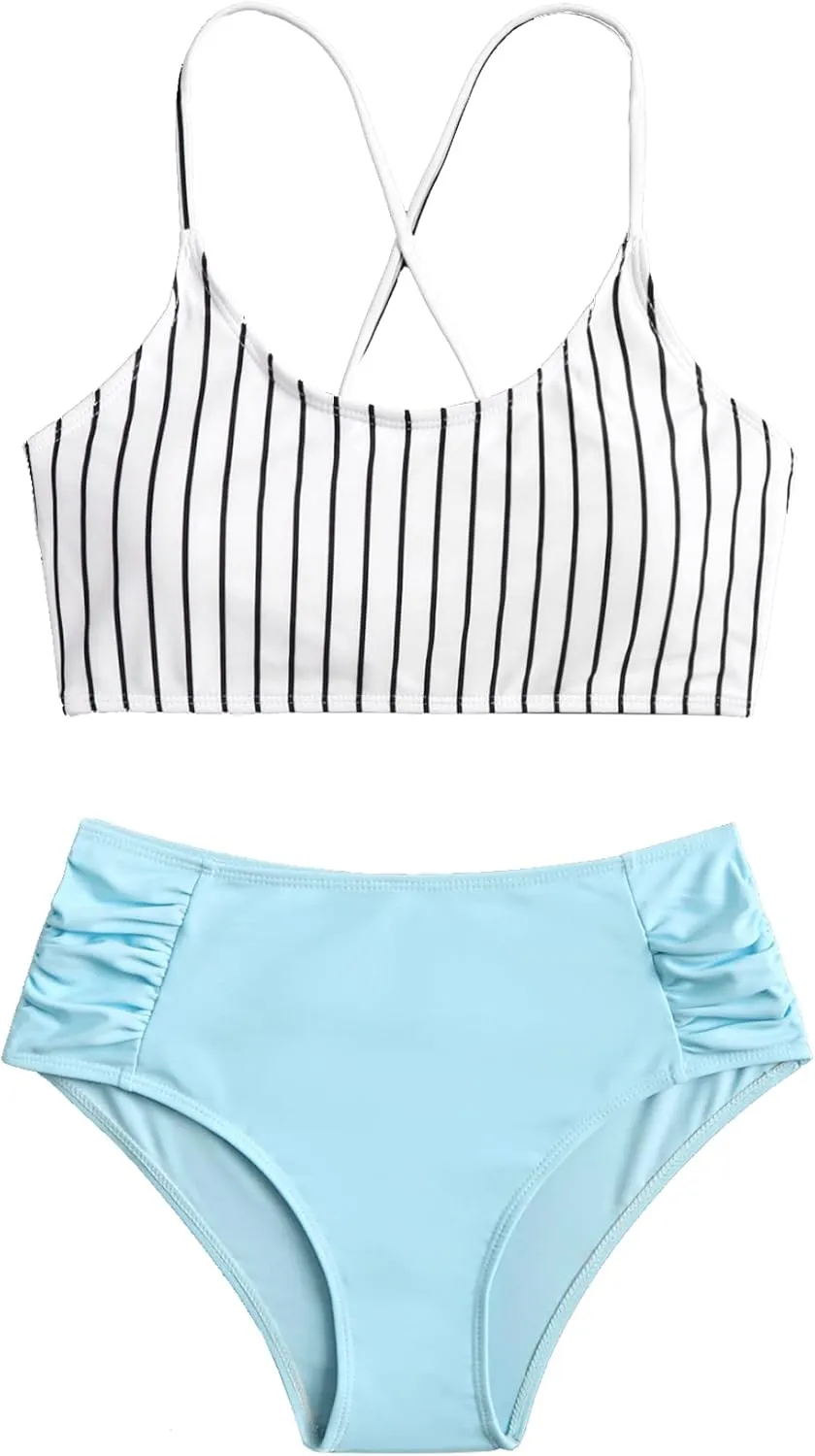 SweatyRocks Women's Bathing Suits Striped Criss Cross Bikini Set High Waisted Swimsuits