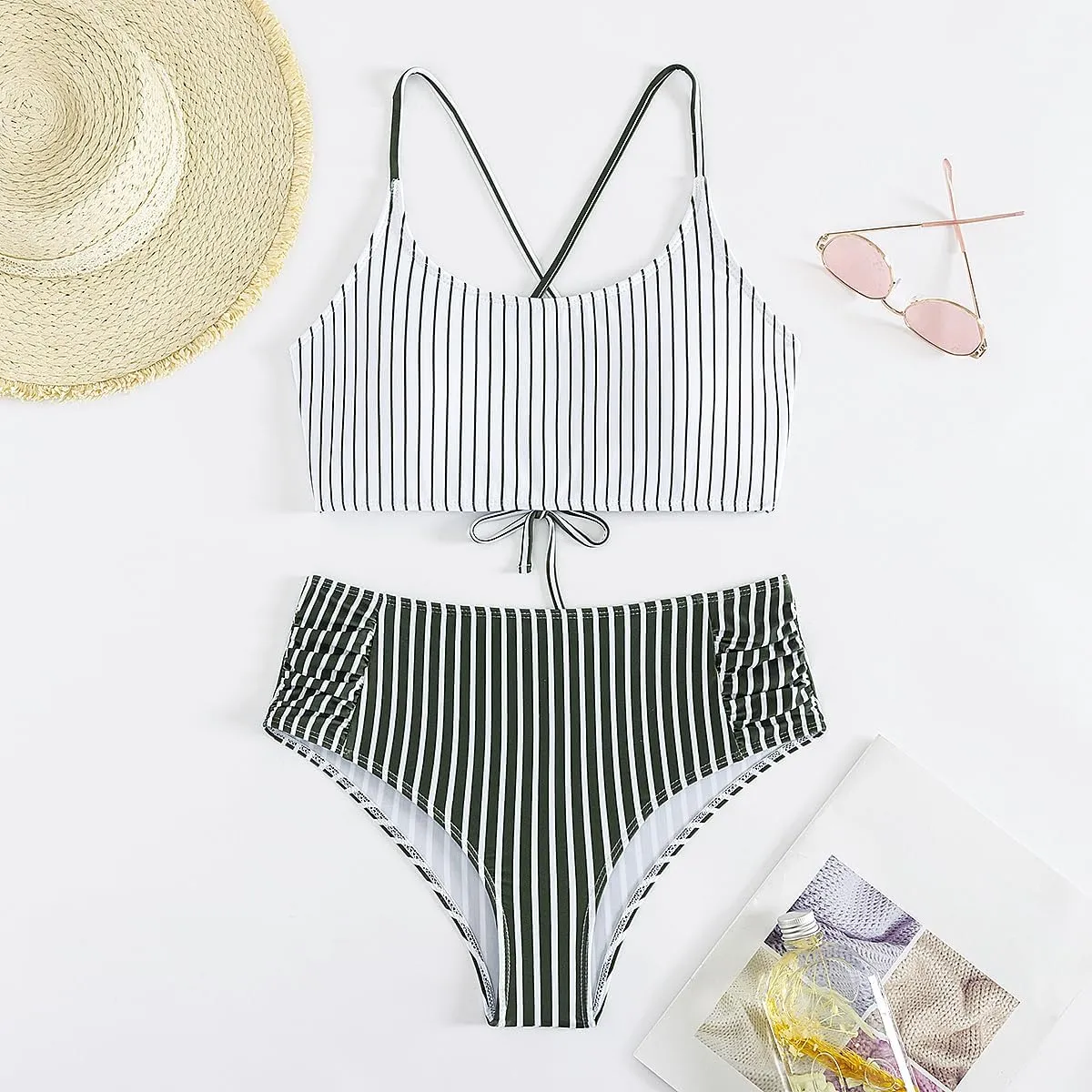 SweatyRocks Women's Bathing Suits Striped Criss Cross Bikini Set High Waisted Swimsuits