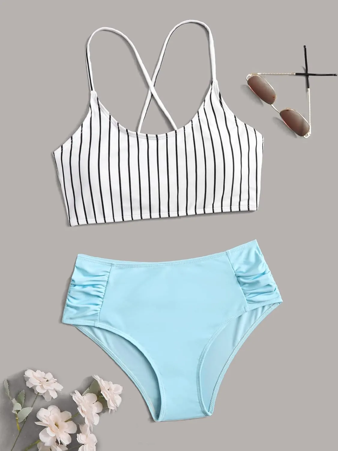 SweatyRocks Women's Bathing Suits Striped Criss Cross Bikini Set High Waisted Swimsuits