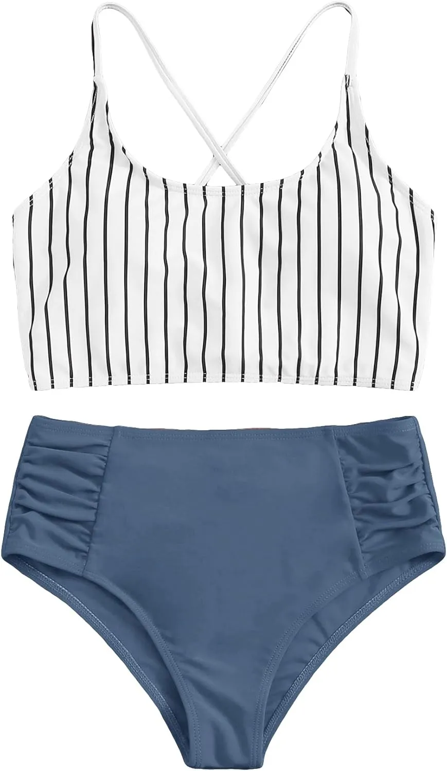 SweatyRocks Women's Bathing Suits Striped Criss Cross Bikini Set High Waisted Swimsuits