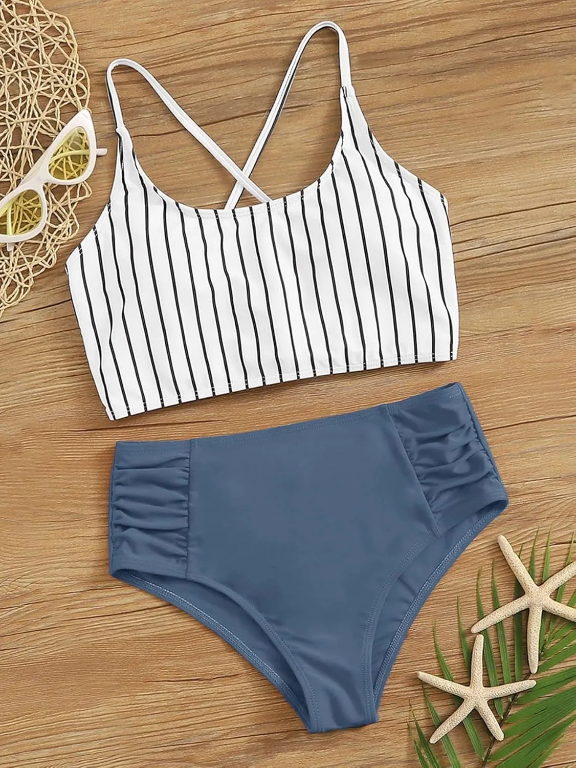 SweatyRocks Women's Bathing Suits Striped Criss Cross Bikini Set High Waisted Swimsuits