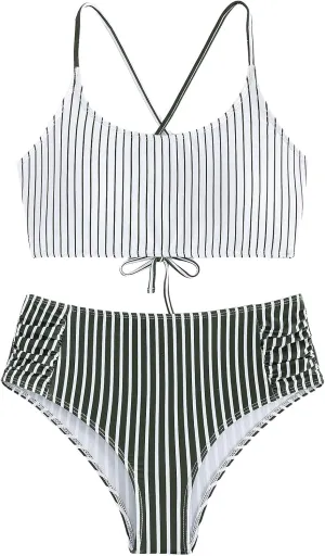 SweatyRocks Women's Bathing Suits Striped Criss Cross Bikini Set High Waisted Swimsuits