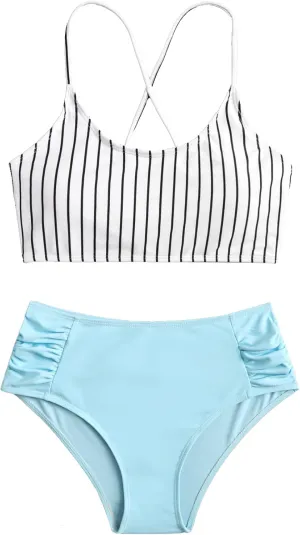 SweatyRocks Women's Bathing Suits Striped Criss Cross Bikini Set High Waisted Swimsuits
