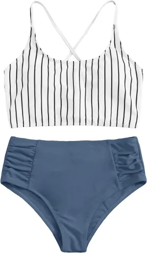 SweatyRocks Women's Bathing Suits Striped Criss Cross Bikini Set High Waisted Swimsuits