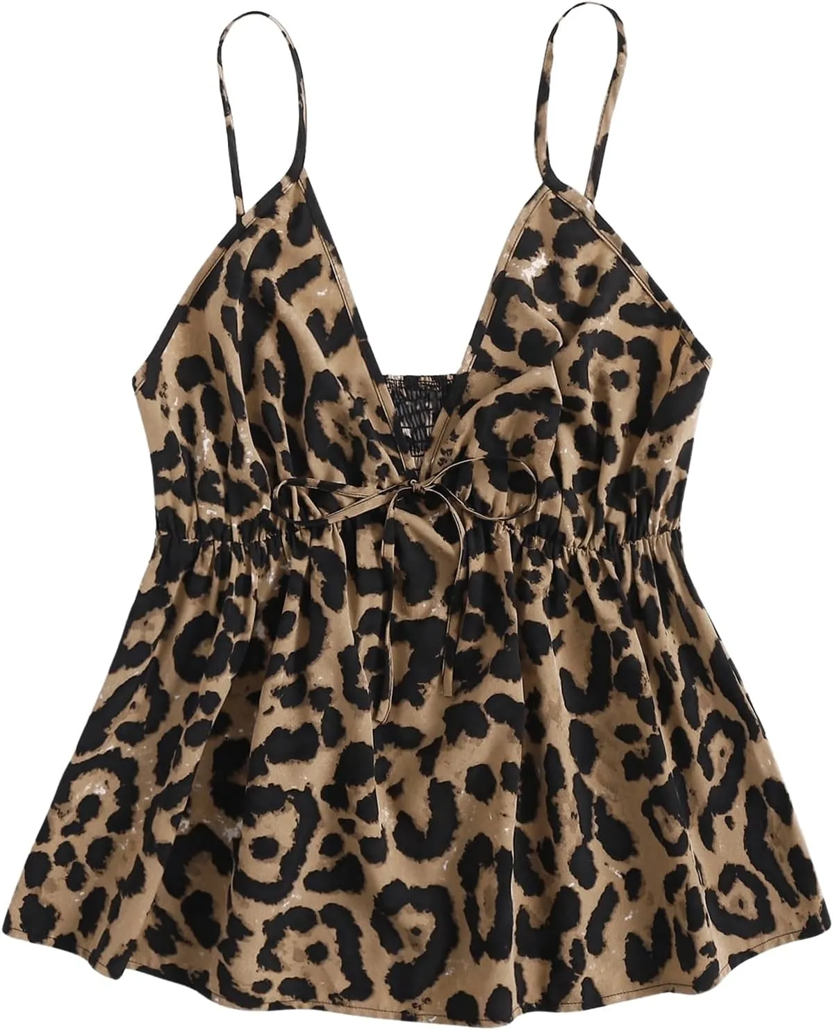 SweatyRocks Women's Plus Size Sleeveless Tops Leopard Print Camisole Shirred V Neck Peplum Cami Tops
