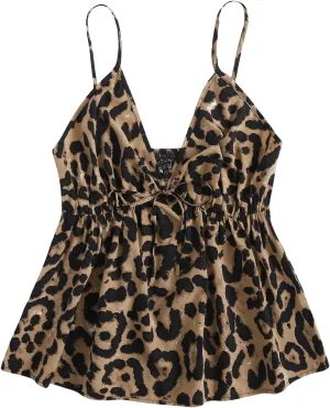 SweatyRocks Women's Plus Size Sleeveless Tops Leopard Print Camisole Shirred V Neck Peplum Cami Tops