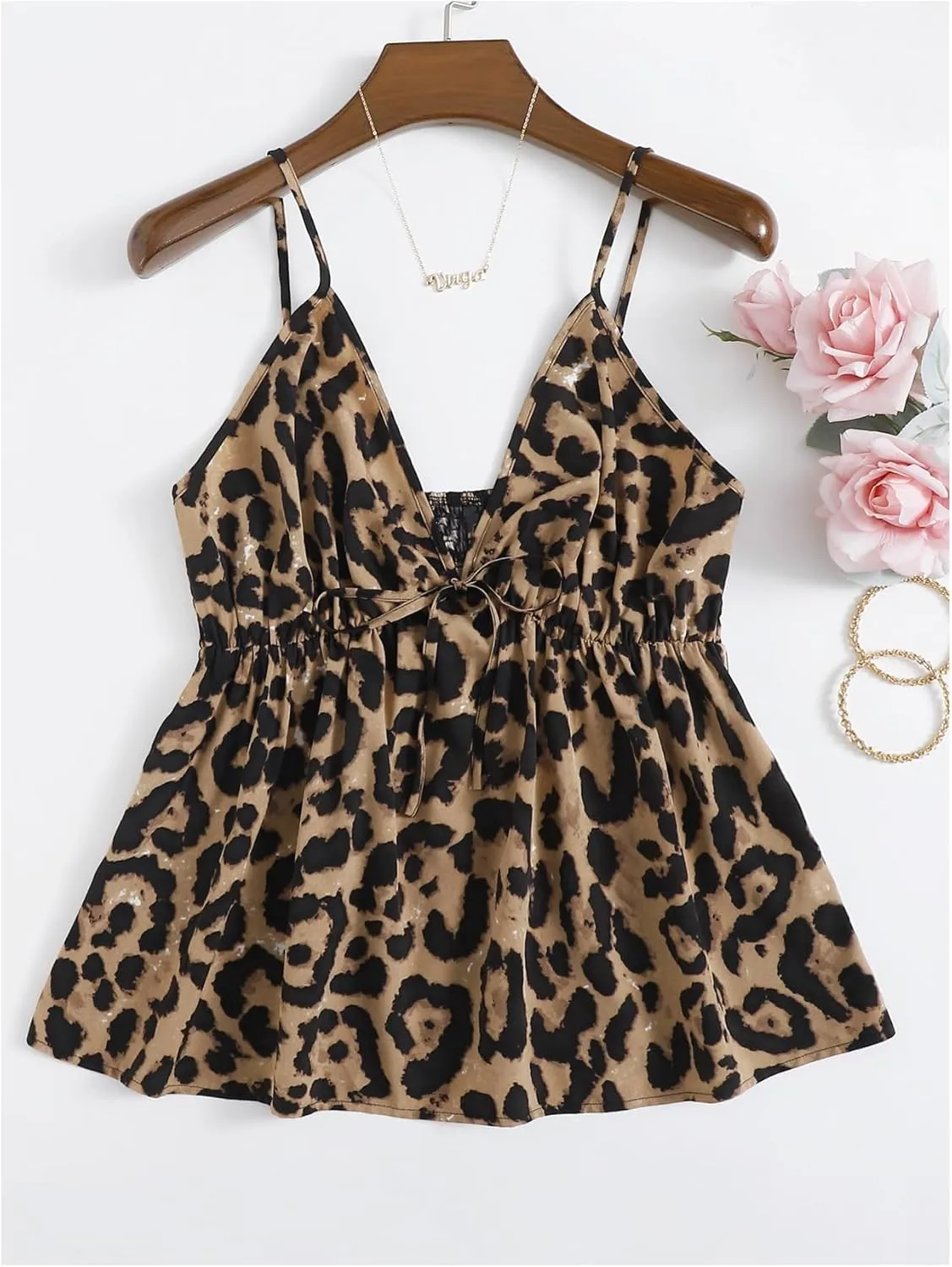 SweatyRocks Women's Plus Size Sleeveless Tops Leopard Print Camisole Shirred V Neck Peplum Cami Tops