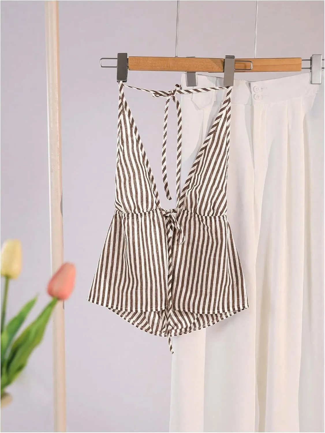 SweatyRocks Women's Sexy Striped Tie Front Halter Tops Sleeveless Drawstring Summer Cami Tops