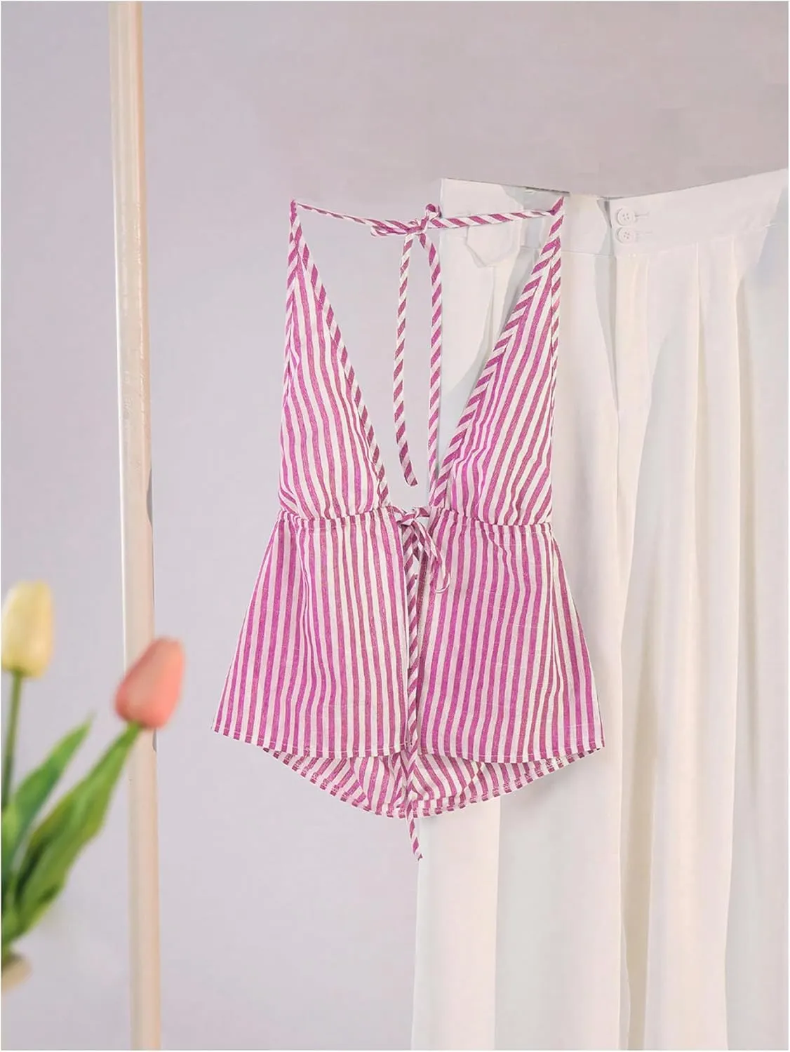 SweatyRocks Women's Sexy Striped Tie Front Halter Tops Sleeveless Drawstring Summer Cami Tops