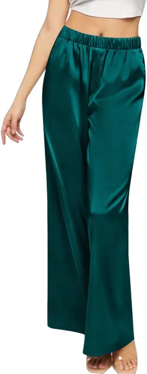 SWOMOG Women's Silk Satin Pajama Pants Longs Silky Sleep Pants Loungewear Trousers Elastic Waist Lounge Pj Bottoms
