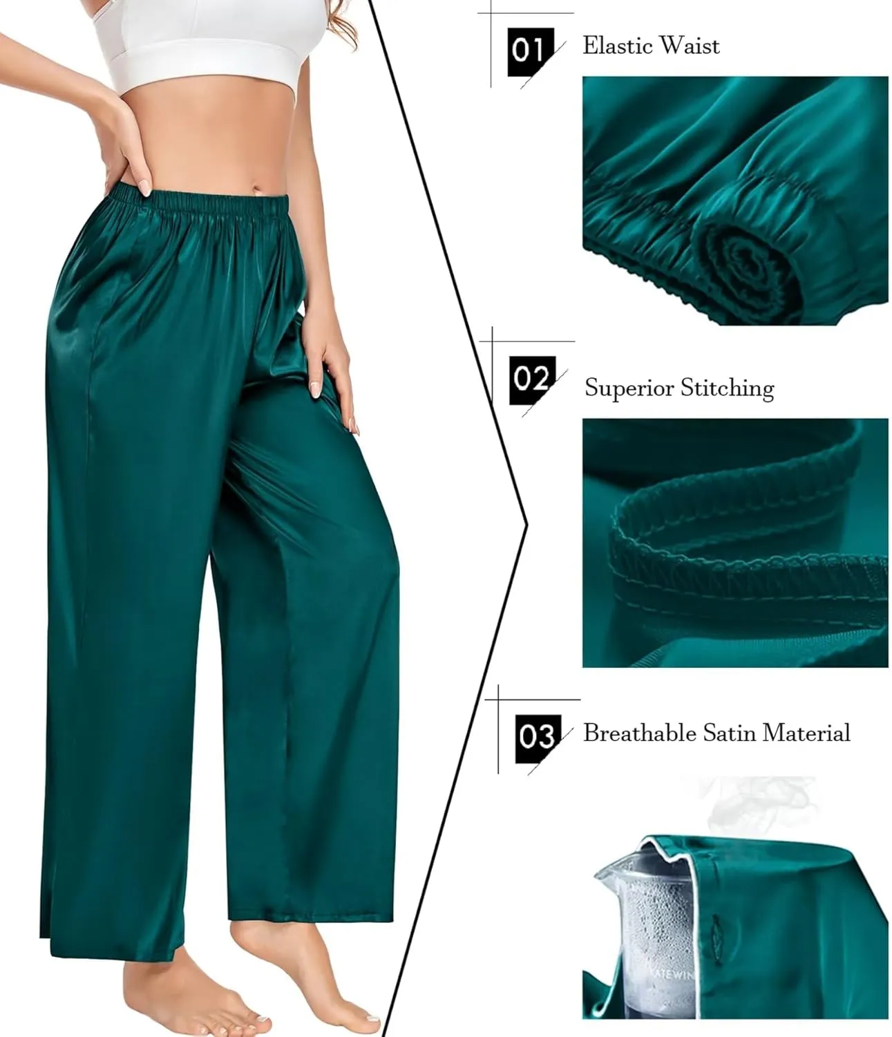 SWOMOG Women's Silk Satin Pajama Pants Longs Silky Sleep Pants Loungewear Trousers Elastic Waist Lounge Pj Bottoms