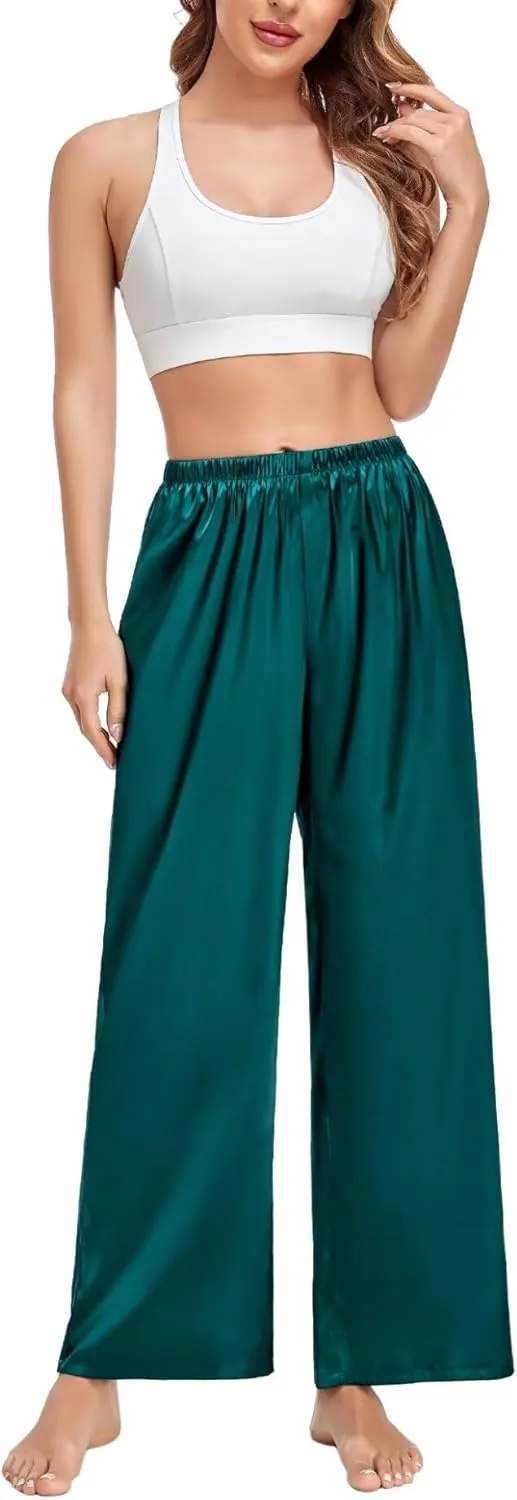 SWOMOG Women's Silk Satin Pajama Pants Longs Silky Sleep Pants Loungewear Trousers Elastic Waist Lounge Pj Bottoms