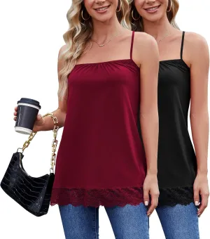 TAIPOVE Camisole Tops for Women Long Lace Cami Cotton Adjustable Strap Tank Top Extender Layering Square Neck 2 Packs
