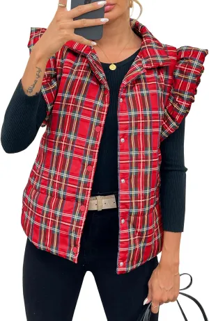 Tankaneo Womens Plaid Puffer Vests Ruffle Sleeveless Lightweight Quilted Vest Fall Winter Padded Gilets Coats